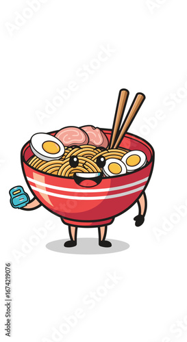 Ramen bowl lifting weight. Cute noodle character works out. Foodie fitness, healthy lifestyle, cartoon, exercise, gym, fun, mascot, nutrition