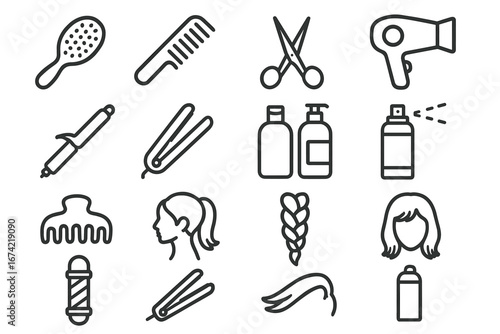 Hair styling tools and products icons: comb, scissors, hairdryer, bottles, spray