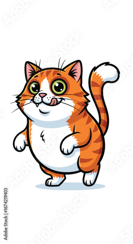 Cartoon cat licks chops with silly grin. Pet, feline, animation, cheerful, funny, comic, adorable, playful, happy