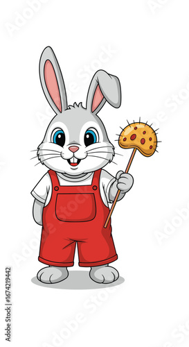 Bunny holds mushroom on a stick. Cartoon rabbit, animal character, illustration, fun, happy, forest, nature, cute, adorable, happy, spring