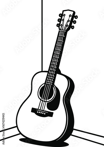 Black and white acoustic guitar vector illustration. A simple graphic of a string instrument, ideal for music-related designs, band logos, and art projects.