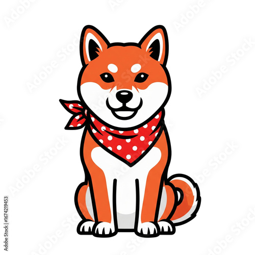 Cute Shiba Inu Dog Wearing Red Bandana Sitting.