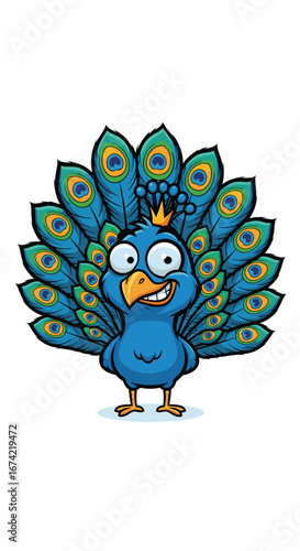 Cartoon peacock struts proudly with royal crown and plumage. Funny character, mascot, bird, zoo, cute, happy, illustration.