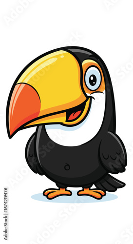 Cartoon toucan poses cheerfully. Tropical bird character with big beak, animal illustration, mascot, cartoon.