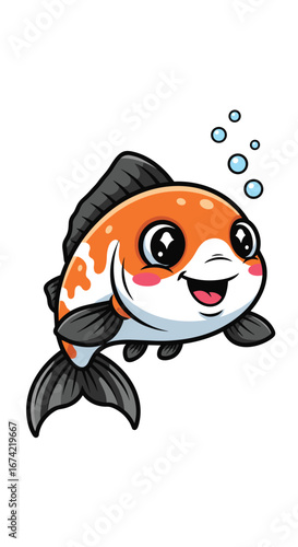 Cartoon goldfish swims with bubbles, smiles. Cute fish swimming in water, happy, funny, adorable, playful, whimsical, aquarium, pet, animal, wildlife, sea life.