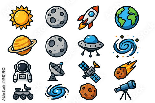 Colorful cartoon space icons featuring planets, rocket, ufo, and astronaut
