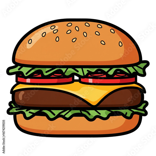 Delicious Cartoon Cheeseburger with Sesame Seed Bun.