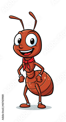 Cartoon ant stands smiling, wearing a red bandana. Animated insect, cute, happy, mascot, character, pest control, wildlife, nature