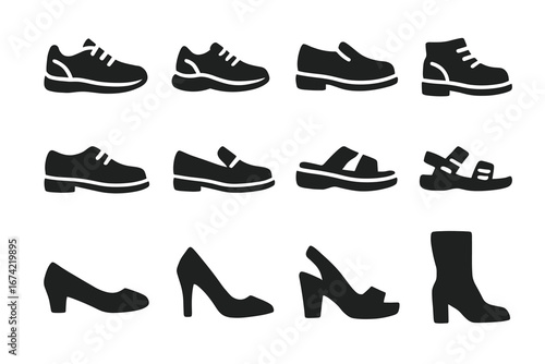 Variety of shoe silhouettes: sneakers, loafers, sandals, heels, boots