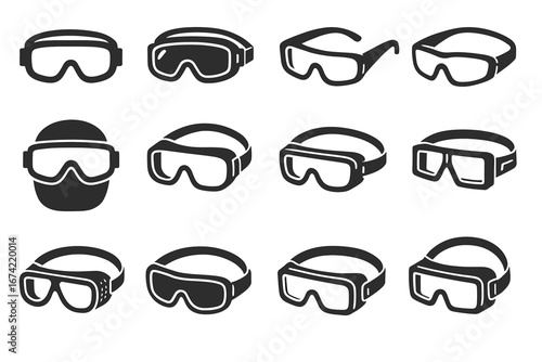 Various types of black silhouette safety and sport goggles collection