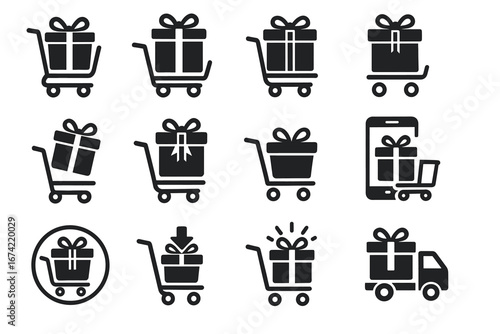 Shopping cart gift icons: online shopping, e-commerce, mobile purchase, delivery illustrations