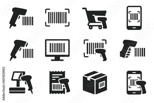 Barcode scanning technology icons for shopping and inventory management