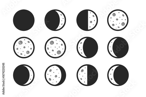Illustration of moon phases: new, crescent, quarter, gibbous, and full lunar cycle
