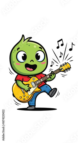 Cute green monster plays guitar with musical notes. Cartoon character, fun, music, instrument, happy, performance, musician