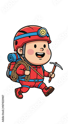 Cartoon climber goes on adventure. Mountaineering, hiking, travel, exploration, fun, expedition, climb, outdoor, activity, trekking, childhood, kid, adventure