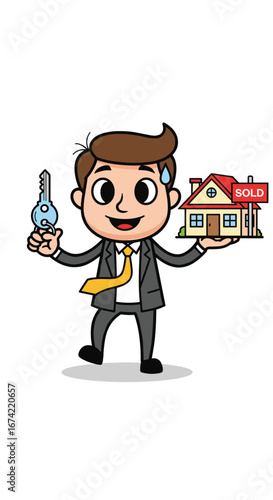 Cartoon Realtor with sold house and key. Real estate, agent, home, mortgage, sale, success, investment, property, residence, happy, buy, selling, service, professional