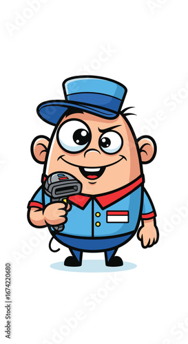 Cartoon deliveryman holds scanner, smiles slyly. Express mail, package shipping, logistics, retail, scanning, digital, inventory, happy, service
