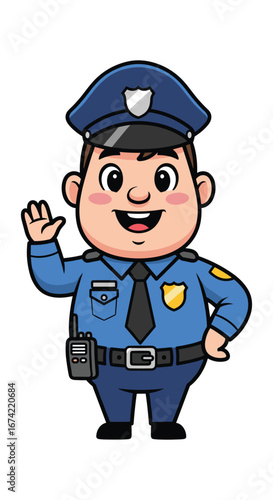 Cute policeman waving. Cartoon officer, safety, law enforcement, uniform, occupation, cop, security, protection