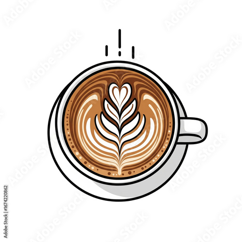 Top View of a Steaming Latte with Beautiful Latte Art.