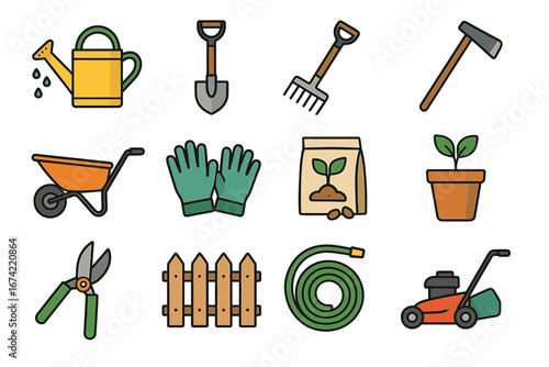 Colorful gardening tools and equipment for home garden enthusiasts