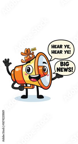 Cartoon megaphone announces big news with sale hat. Communication, announcement, sale, promotion, marketing, business, economy, advertising, megaphone, economy.