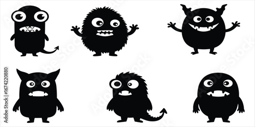 Six Black Silhouettes of Cute and Spooky Monsters on White Background creatures cartoon