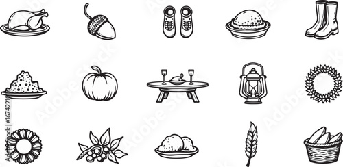 Silhouette Icons Set of Thanksgiving Day, including turkey, pumpkin, pie, corn, autumn leaves, pilgrims hat, dinner plate, family gathering, harvest basket, wheat, and food icons