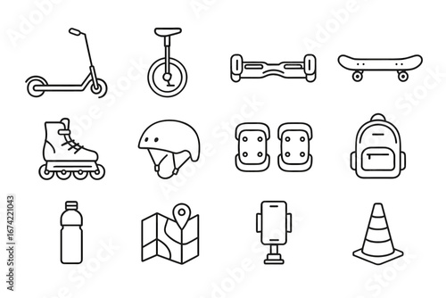 Line art of urban transport and safety gear: scooters, skateboards, helmets, and more