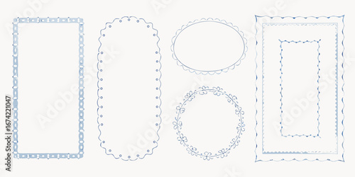Collection of decorative hand drawn blue watercolor frames and borders with various shapes and patterns