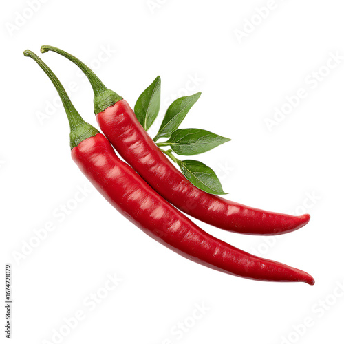 Two vibrant red chili peppers with green leaves isolated on transparent background