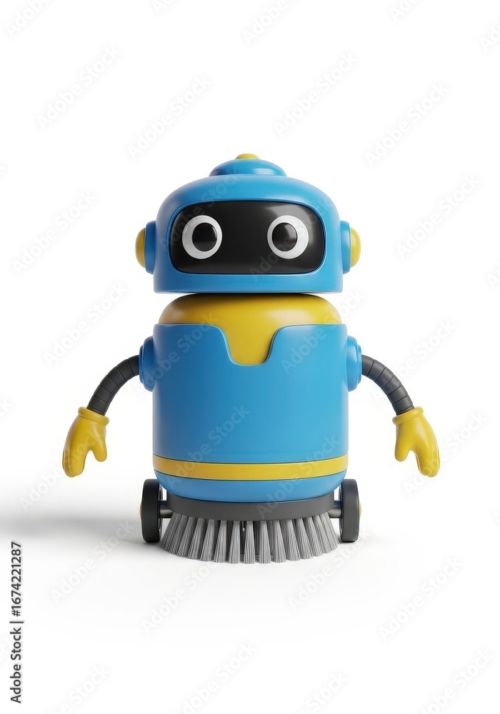 Fototapeta premium A cute blue and yellow toy robot with big eyes and bristle wheels stands on a white surface