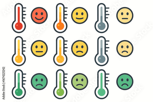 Colorful thermometers and emoticons displaying various temperature and mood levels
