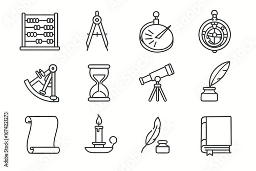 Vintage tools for navigation, writing, and timekeeping icons on white background