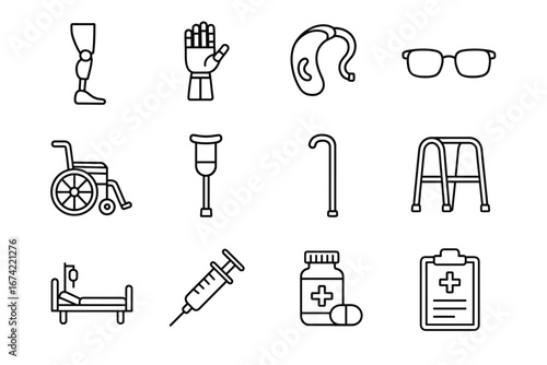 Medical aid icons: prosthetics, hearing aid, wheelchair, walker, crutch, medicine