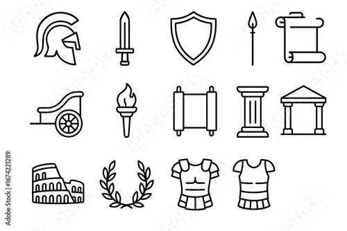 Ancient roman icons: helmet, sword, shield, scroll, torch, colosseum, pillar, armor