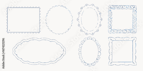 Collection of six hand drawn decorative frames and borders in various shapes and styles
