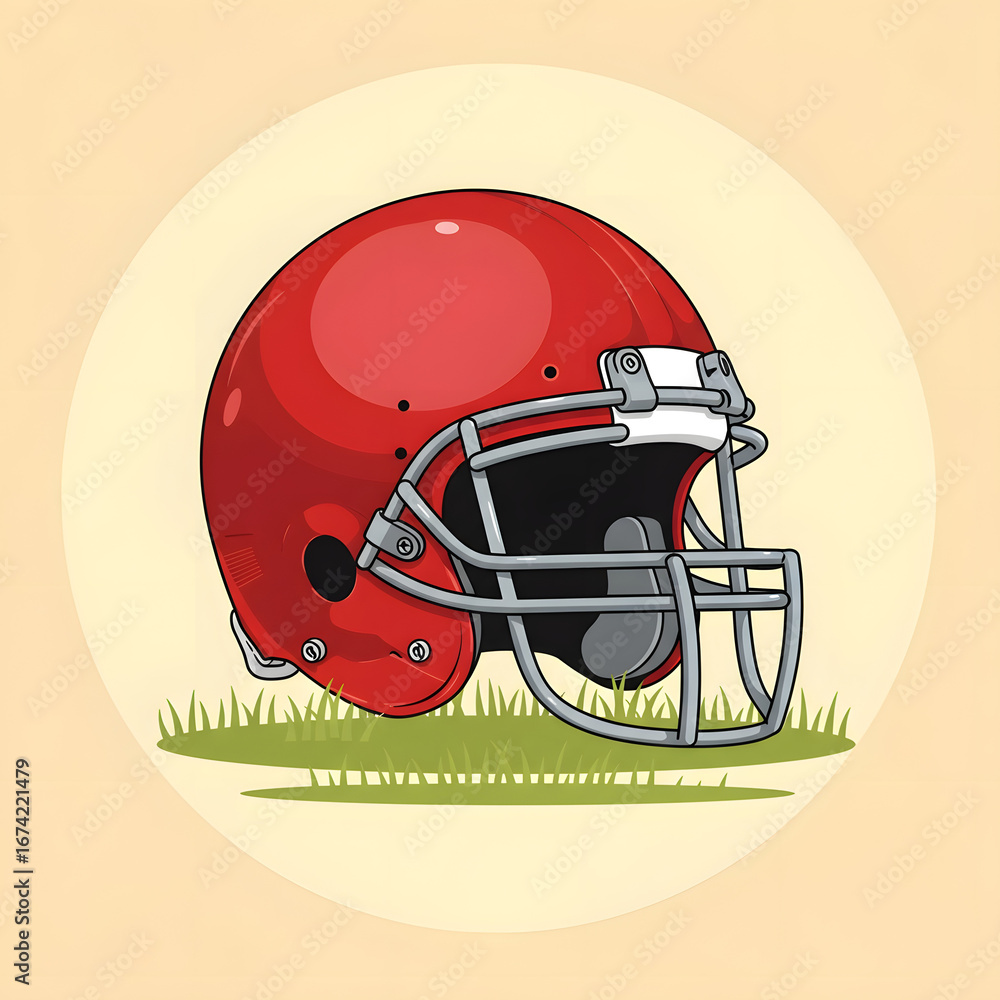 Fototapeta premium Red Football Helmet Vector Illustration on Beige Background - Sport, Game, Equipment, Protection, American Football, Team, Mascot, Graphic Element