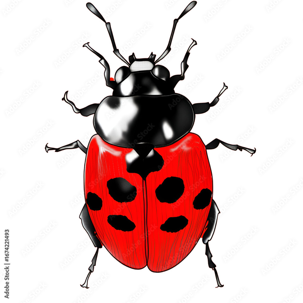 Fototapeta premium Ladybug Illustration: A vibrant illustration of a ladybug, showcasing its iconic red body with black spots, its detailed antennae and legs. perfect for nature and insect themes.