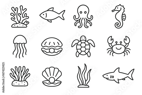 Underwater marine outline: octopus, seahorse, turtle, fish, crab, shark icons
