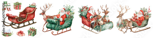 Festive christmas clipart watercolor santa sleigh ornament with holly for wintertime invitations isolated decorative element