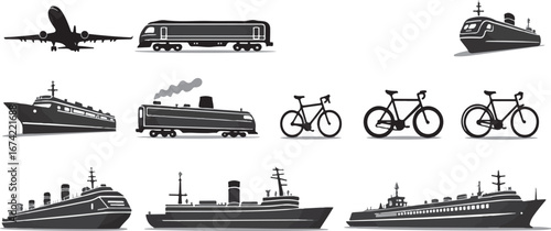Silhouette set of Transportation system icons including airplanes, trains, ships, bicycles, and metro stations