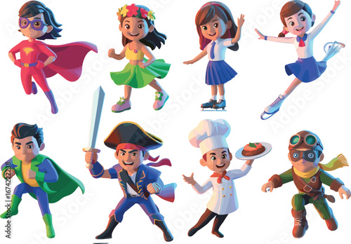Superhero kids, dancer girl, school children, ice skater, pirate boy, chef character, pilot costume, sword fighter, cartoon vector illustration