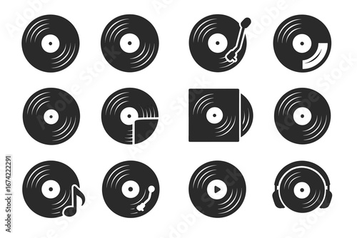 Set of vinyl record icons with turntable and music symbols
