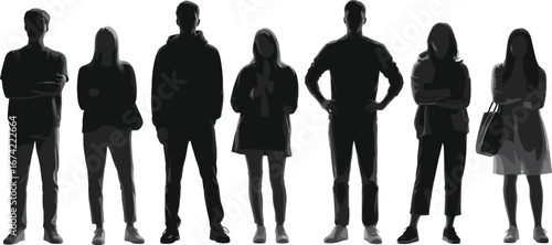 Silhouettes of diverse people in line, modern clothing style, dramatic lighting, black and white illustration, anonymity, urban concept, isolated background