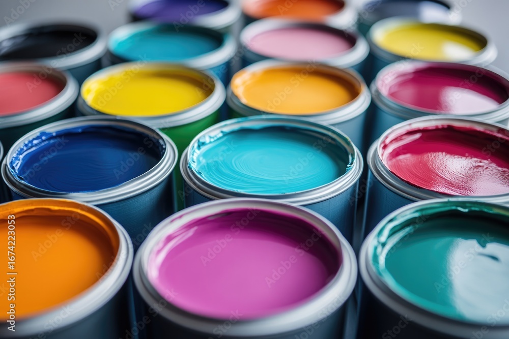 Fototapeta premium Brightly colored paint cans arranged neatly, showcasing vibrant