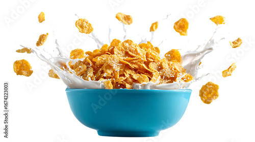 Blue bowl filled with cornflakes and milk splash on white background. 
