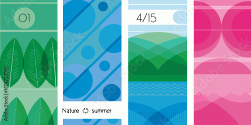 Abstract geometric design with nature inspired elements and vibrant color palettes