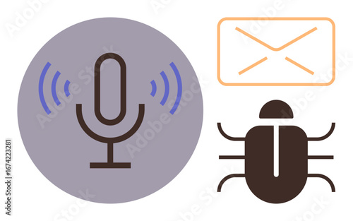 Microphone emits sound waves, accompanied by an email icon and a bug symbol. Ideal for cybersecurity, hacking, communication, malware, software issues, privacy concerns, system vulnerabilities