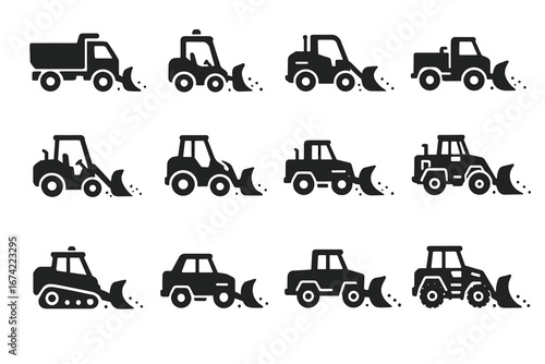 Icon set of snow plow trucks and equipment silhouettes