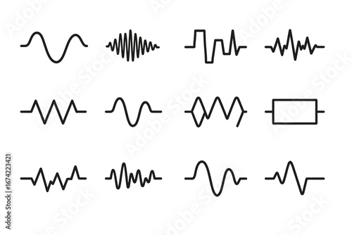 Collection of various sound waveforms: sine, square, sawtooth, triangle, pulse